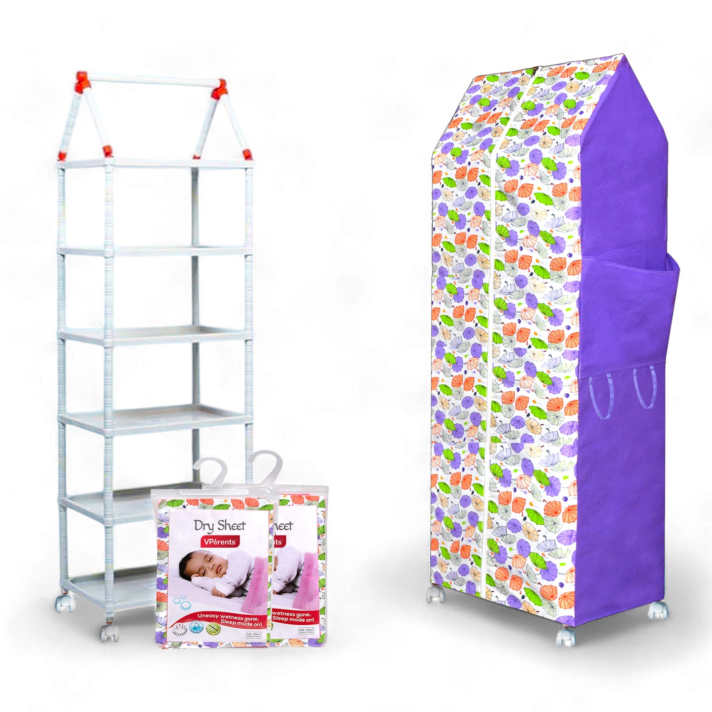 VParents Baby Wardrobe Plastic Multipurpose 6 Shelve, Foldable, Sturdy Material with Dry sheet 2 pcs (Preemiee)