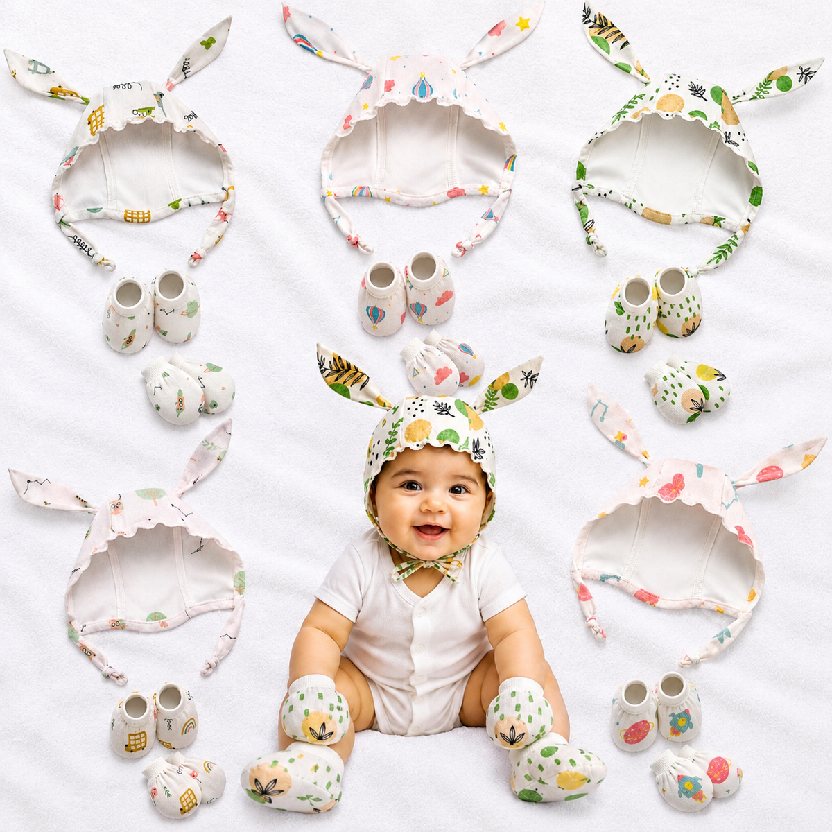 VParents Muslin Baby Mittens Caps Gloves and Booty Combo Set - (set of 2 0-6 Months) | Unisex Booty Set | Durable Cotton Gift Set | Multicoloured Hand Gloves and Socks | -Assorted Deisgn -Winter Clothing -Multicolour