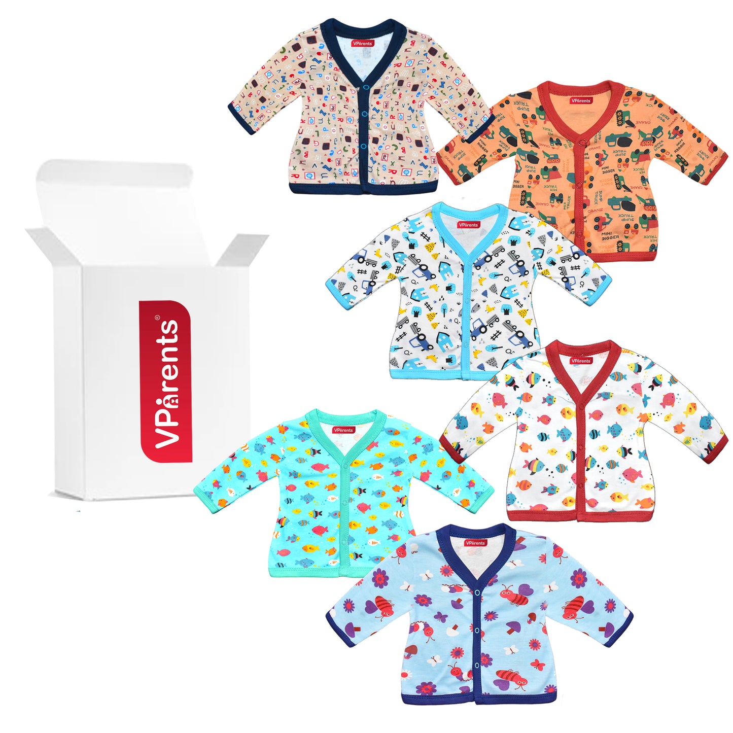 Vparents full sleeves Cotton New Born Baby Boy's & Baby Girls jabla -Multicolour - pack of 6 Assorted Design