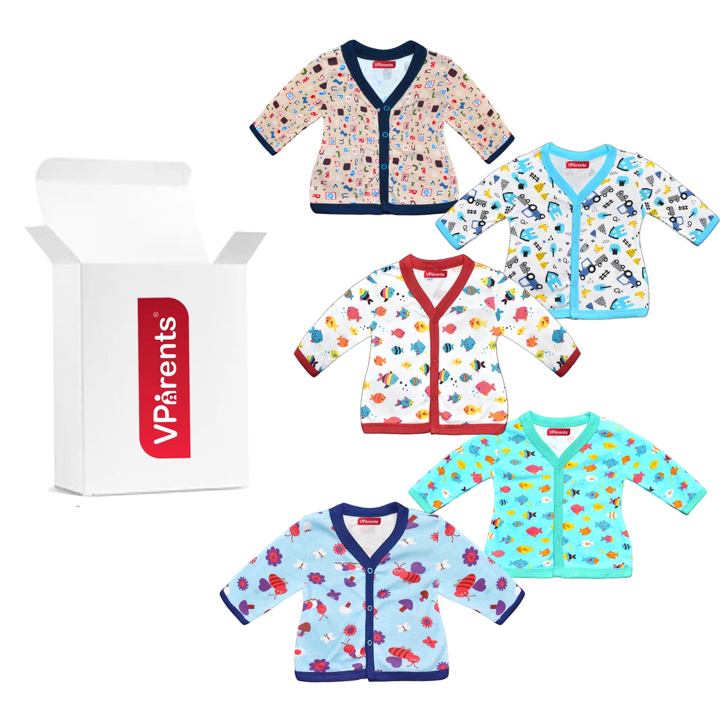 Vparents full sleeves Cotton New Born Baby Boy's & Baby Girls jabla -Multicolour - pack of 5 Assorted Design