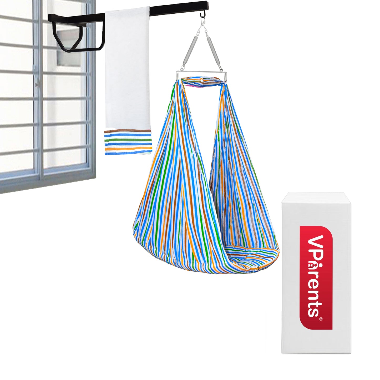 VParents Neonate Baby Swing Cradle with Mosquito Net Spring and Metal Window Cradle Hanging Rod VParents