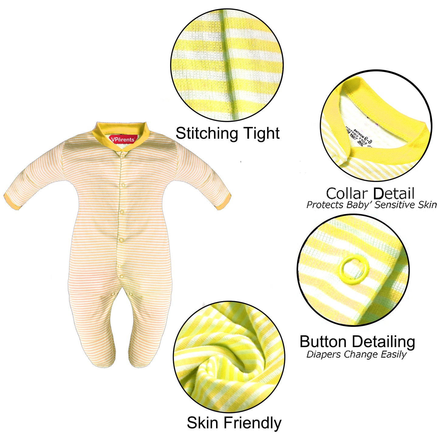 Full Length Printed Baby Footies Sleepsuit Romper Pack of 3-(Yellow)