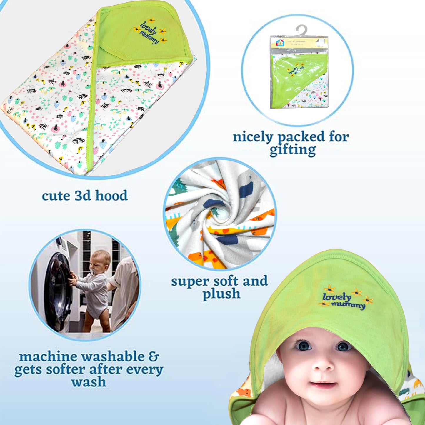VParents cotton New Born Baby Hooded Wrapper Blanket, sigle layer 0-12 Months -Assorted design deo VParents