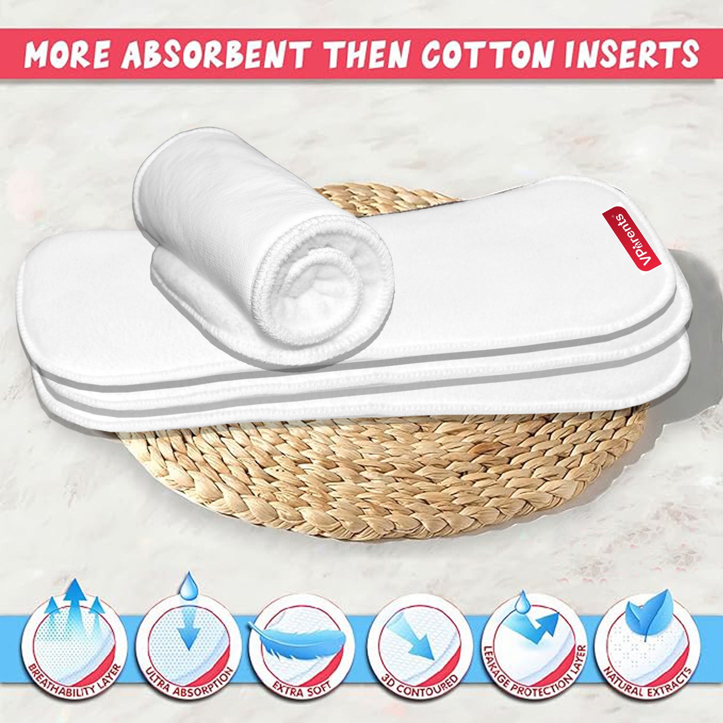 VParents cloth diaper inserts for cloth diaper high absorbent 6 layer washable reusable wet free booster pads smart dry feel soaker pad baby diaper liners, Pack of 6 VParents