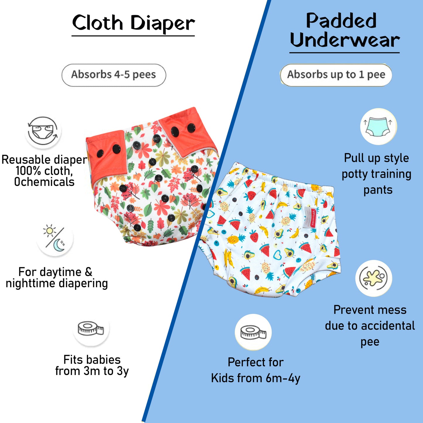 VParents Padded Underwear for Babies and Toddlers with 3 Layers of Cotton Padding Potty Training Pull Up & Diaper-Free Time Pack of 6