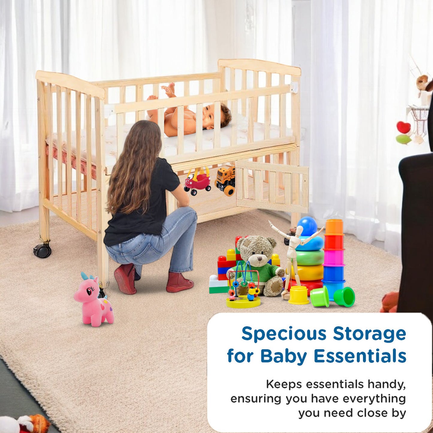 VParents Wooden Multi Usage Baby Crib Cot Cradle Bed with Mattress and Mosquito Net with Storage Space 0-3 Year