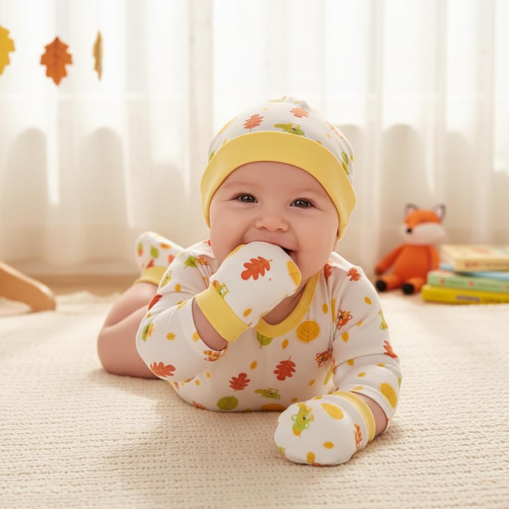 VParents Baby Mittens Caps Gloves and Booty Combo - (0-3 Months) | Unisex Booty Set | Durable Cotton Gift Set | Multicoloured Hand Gloves and Socks | -Assorted Deisgn -Winter Clothing (Yellow)