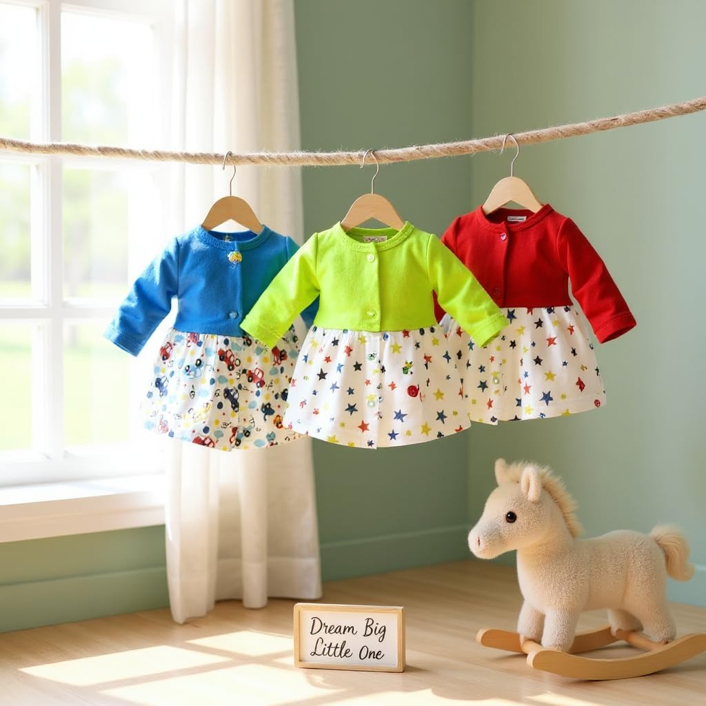 VParents Cotton Knee-Length Full Sleeves Girls Frock 12- 18 months pack of 3