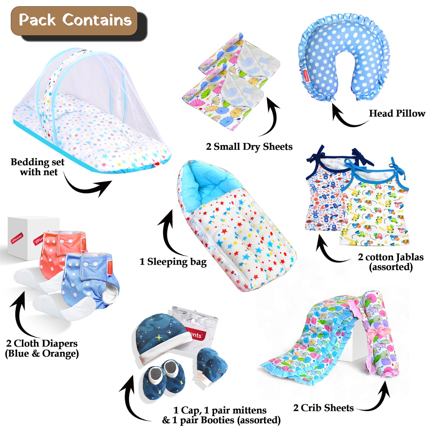 VParents New Born Baby Combo pack of 14(0-6 Months)Blue Bedding Set for baby boy (Assorted design and colour for remaining) VParents