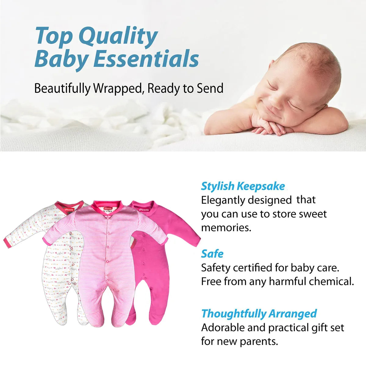 VParents Aqua Full Length Printed Baby Footies Sleepsuit Romper Pack of 3