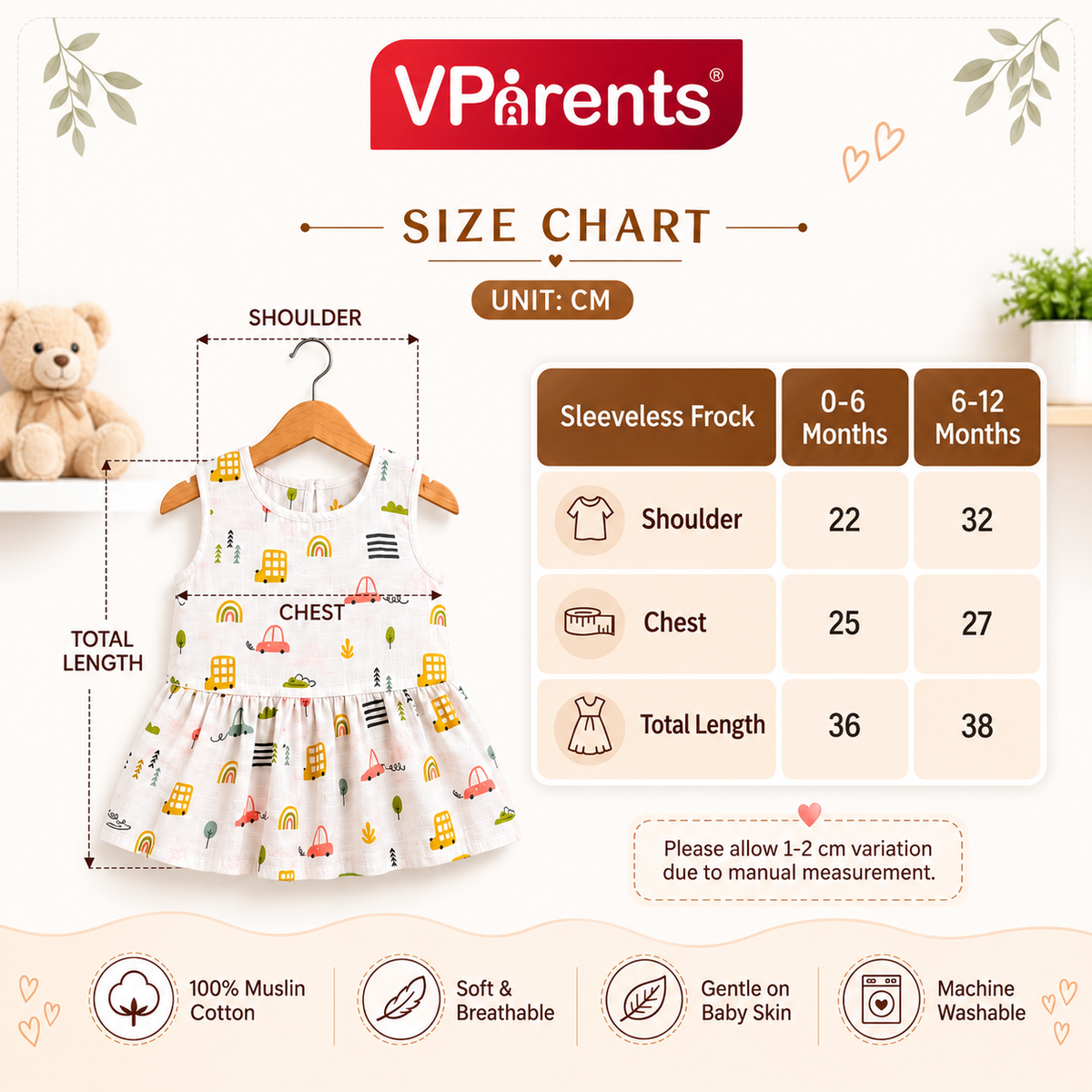 VParents 100% Cotton muslin Cotton Knee-Length Sleeveless Girls Frock 0-6 months