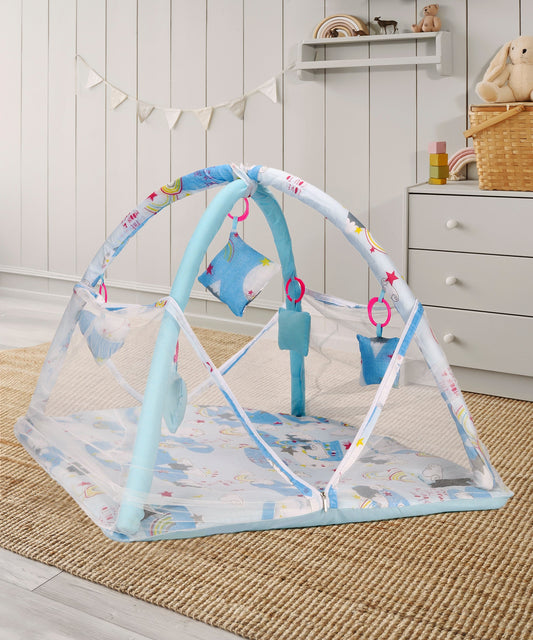 VParents Cloudy Baby Bedding Set Mattress with Mosquito Net Bed Set and Play Gym with Attached Soft Toys (0-12 Months)