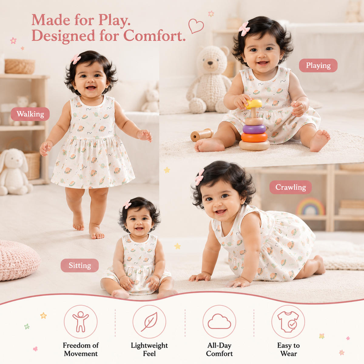 VParents 100% Cotton muslin Cotton Knee-Length Sleeveless Girls Frock 0-6 months
