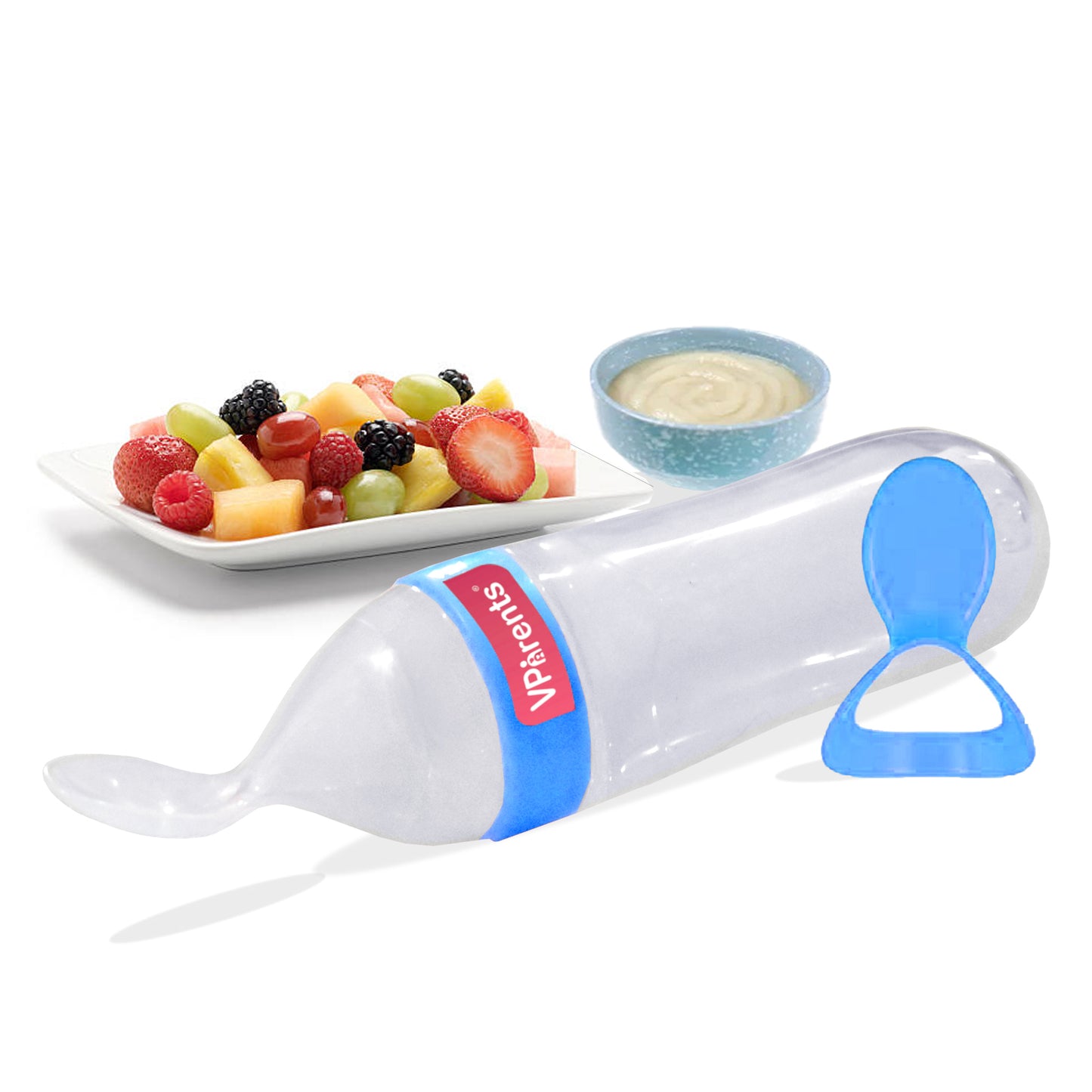 Vparents Food Feeding Spoon with Squeezy Food Grade Silicone Feeder Bottle, for Infant Baby, 90ml, BPA Free Assorted Colour -Pack of 1