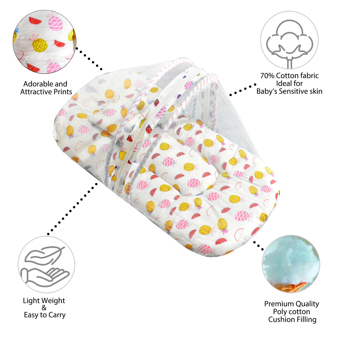 VParents fruity Baby Bed with Mosquito Net with Zip Closure & Neck Pillow, Baby Bedding for New Born