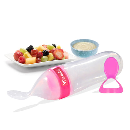 Vparents Food Feeding Spoon with Squeezy Food Grade Silicone Feeder Bottle, for Infant Baby, 90ml, BPA Free Assorted Colour -Pack of 1(Multi Colour)