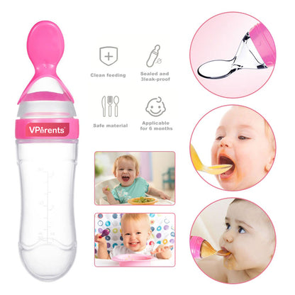 Vparents Food Feeding Spoon with Squeezy Food Grade Silicone Feeder Bottle, for Infant Baby, 90ml, BPA Free Assorted Colour -Pack of 1