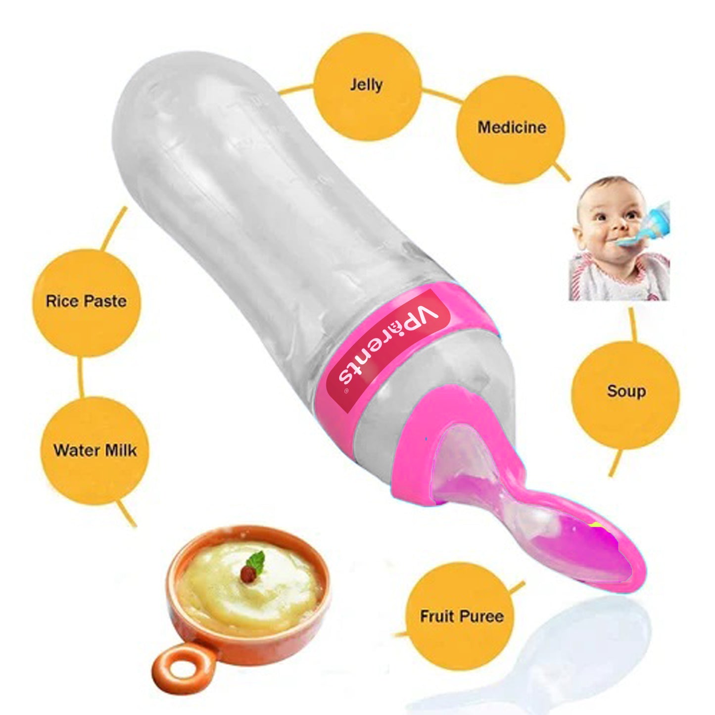 Vparents Food Feeding Spoon with Squeezy Food Grade Silicone Feeder Bottle, for Infant Baby, 90ml, BPA Free Assorted Colour -Pack of 1