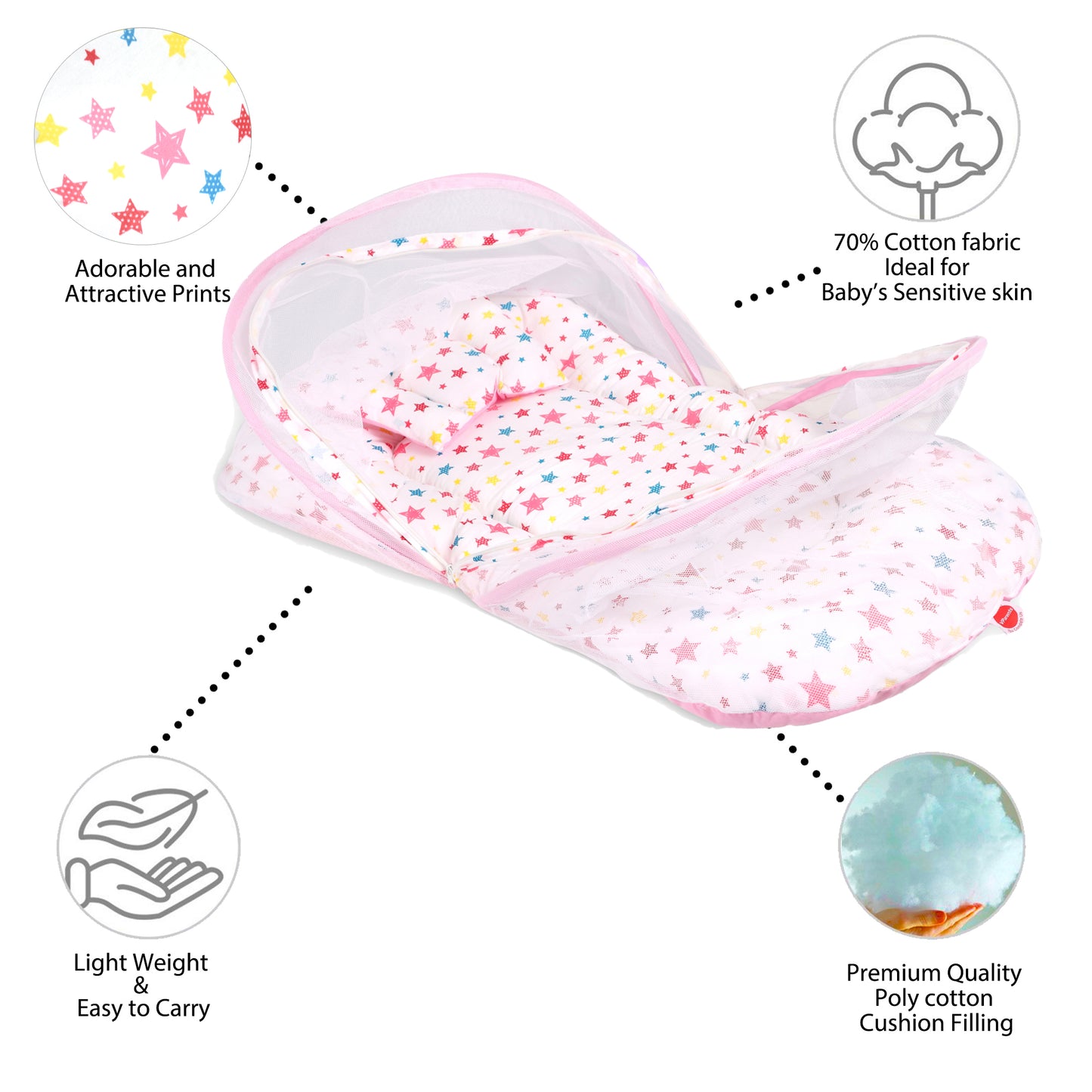 VParents Joy Baby Bed with Mosquito Net with Zip Closure & Neck Pillow, Baby Bedding for New Born