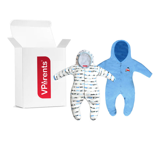 Zoey Blue Hooded Full Sleeve Cotton Sleepsuit Rompers for boys & Girls (Pack of 2)