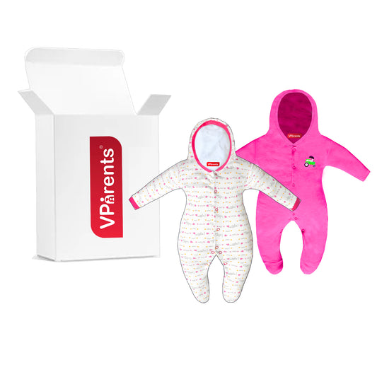 Zoey Dark Pink Hooded Full Sleeve Cotton Sleepsuit Rompers for boys & Girls (Pack of 2)