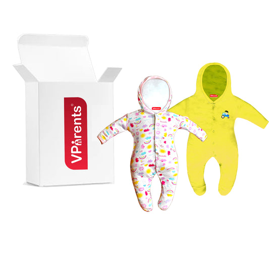 Zoey Yellow Hooded Full Sleeve Cotton Sleepsuit Rompers for boys & Girls (Pack of 2)