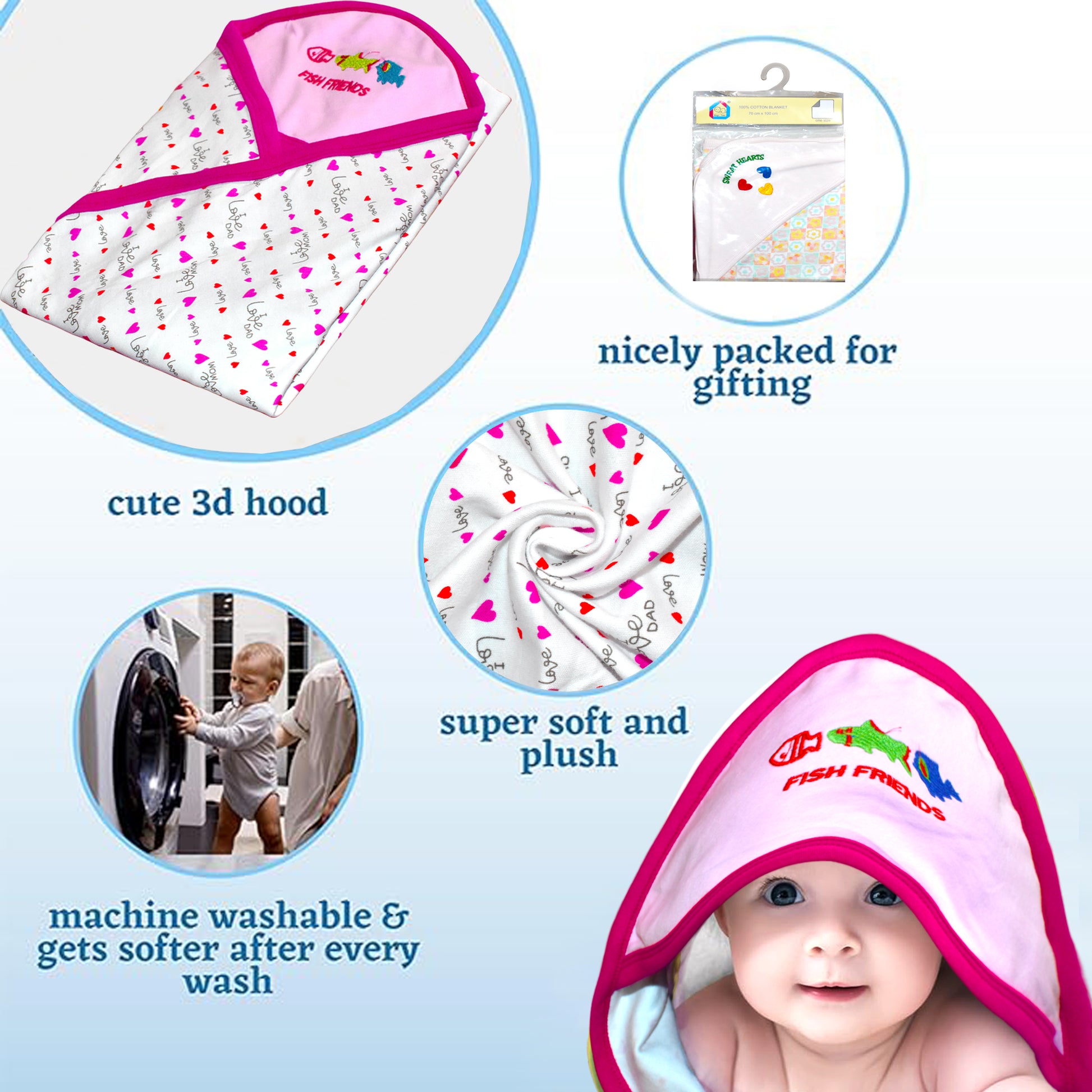 VParents cotton New Born Baby Hooded Wrapper Blanket, sigle layer 0-12 Months -Assorted design deo VParents