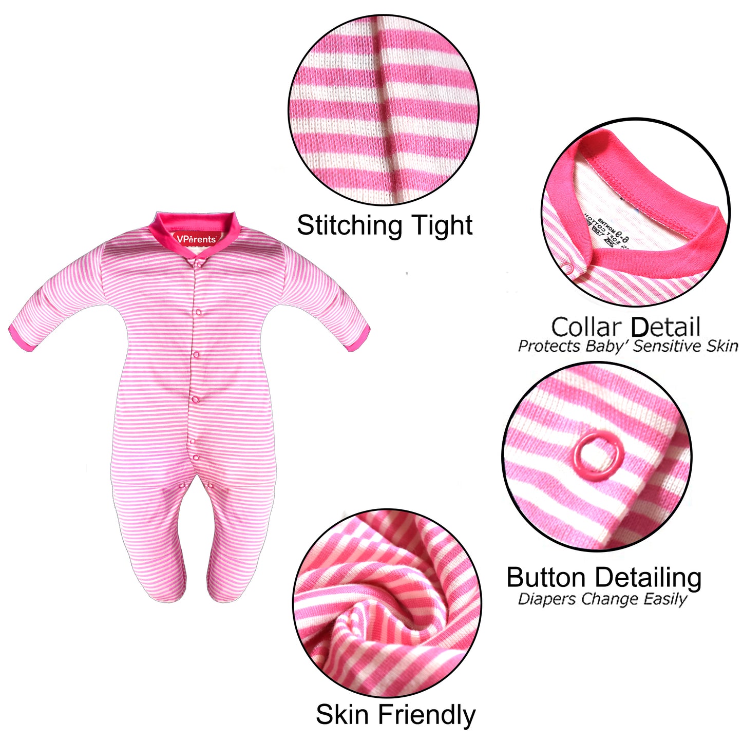 Full Length Printed Baby Footies Sleepsuit Romper Pack of 3-(Pink)