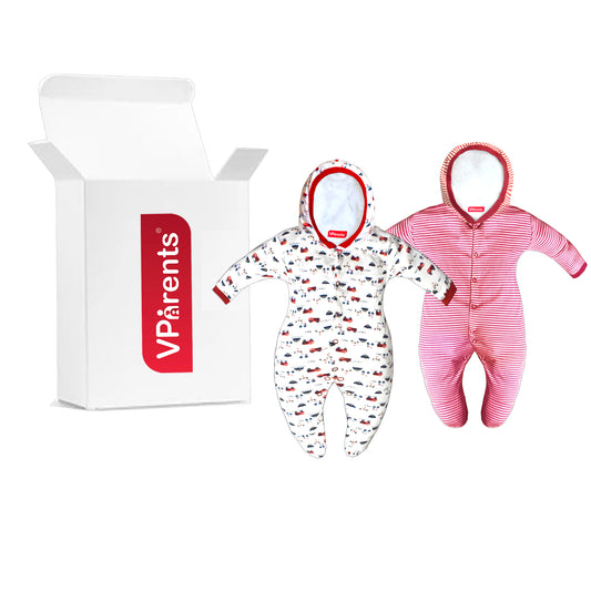 Zoey Red Hooded Full Sleeve Cotton Sleepsuit Rompers for boys & Girls (Pack of 2)