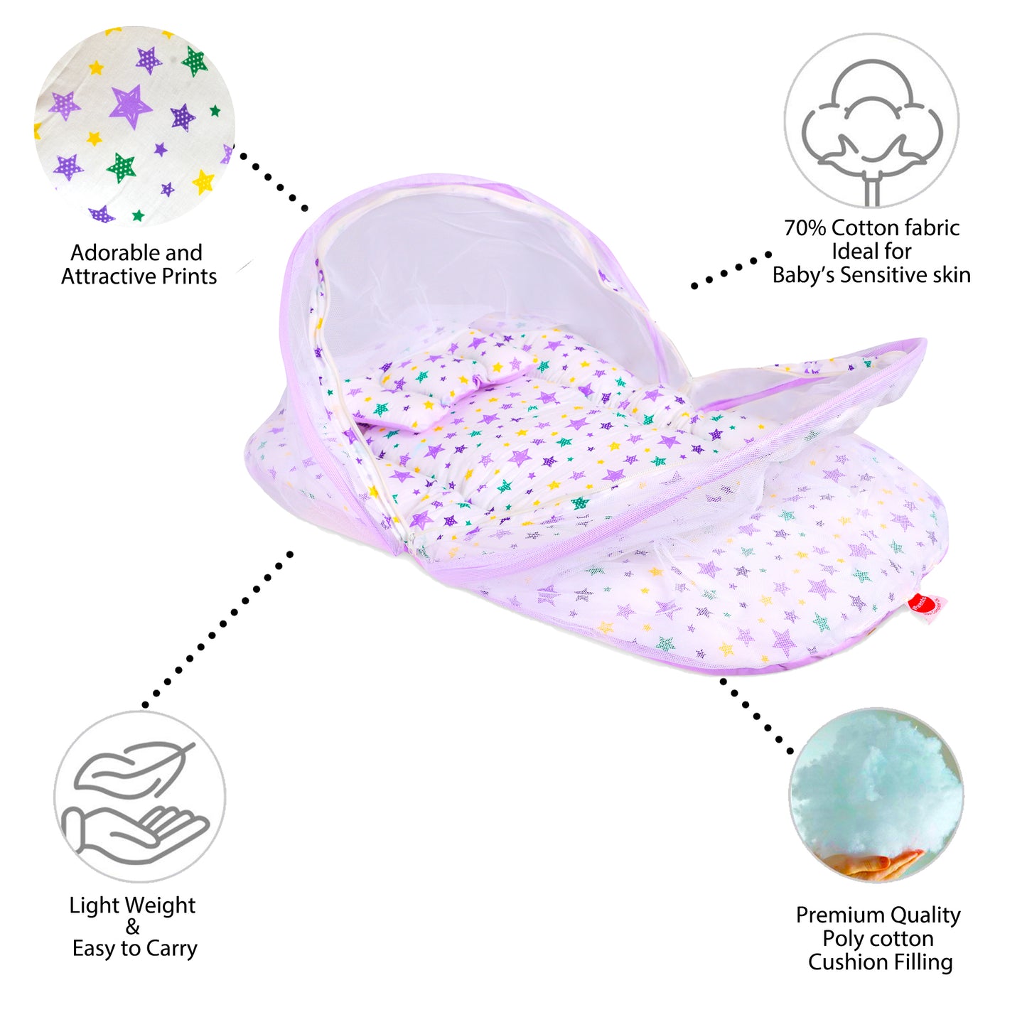 VParents Joy Baby Bed with Mosquito Net with Zip Closure & Neck Pillow, Baby Bedding for New Born