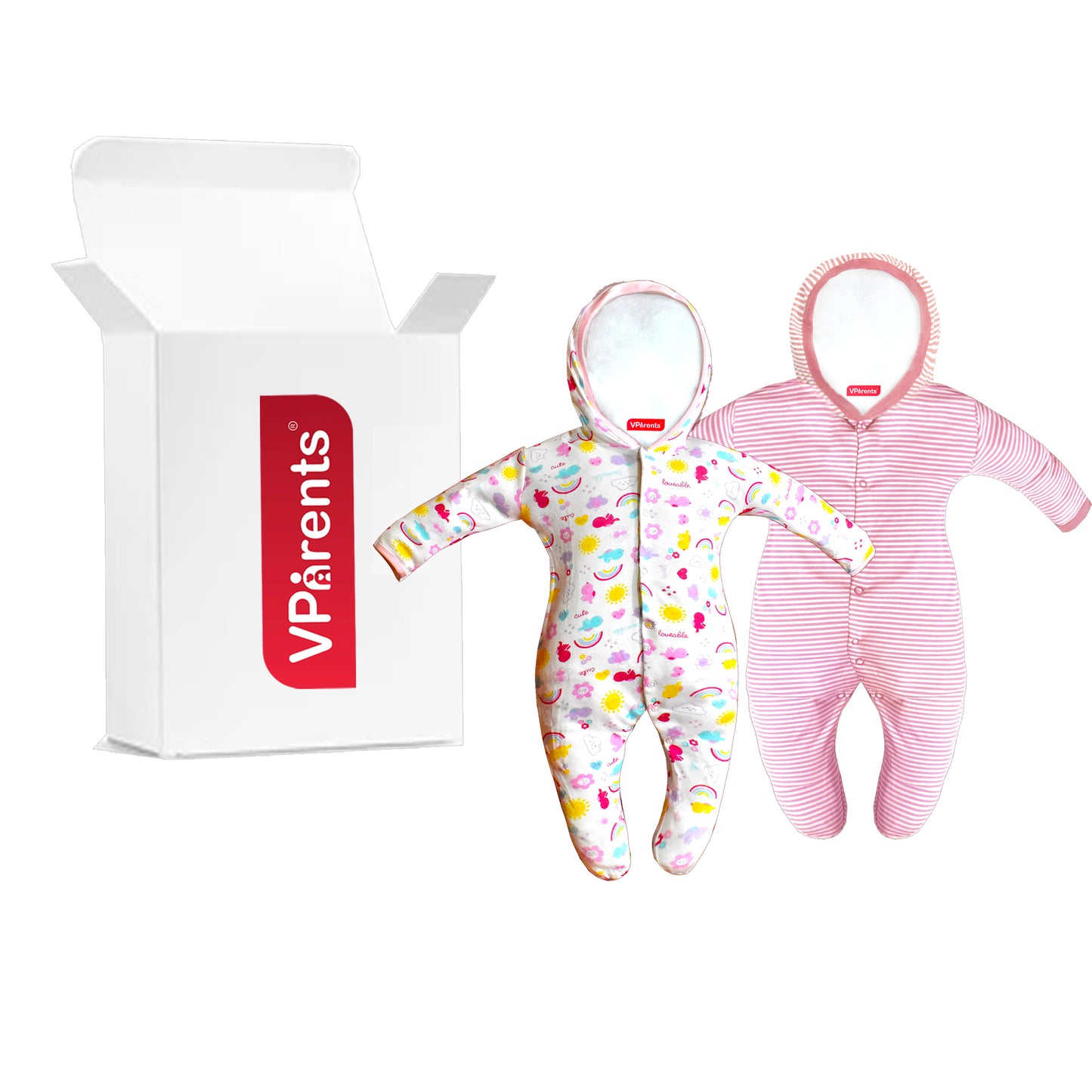 Zoey Light Pink Hooded Full Sleeve Cotton Sleepsuit Rompers for boys & Girls (Pack of 2)