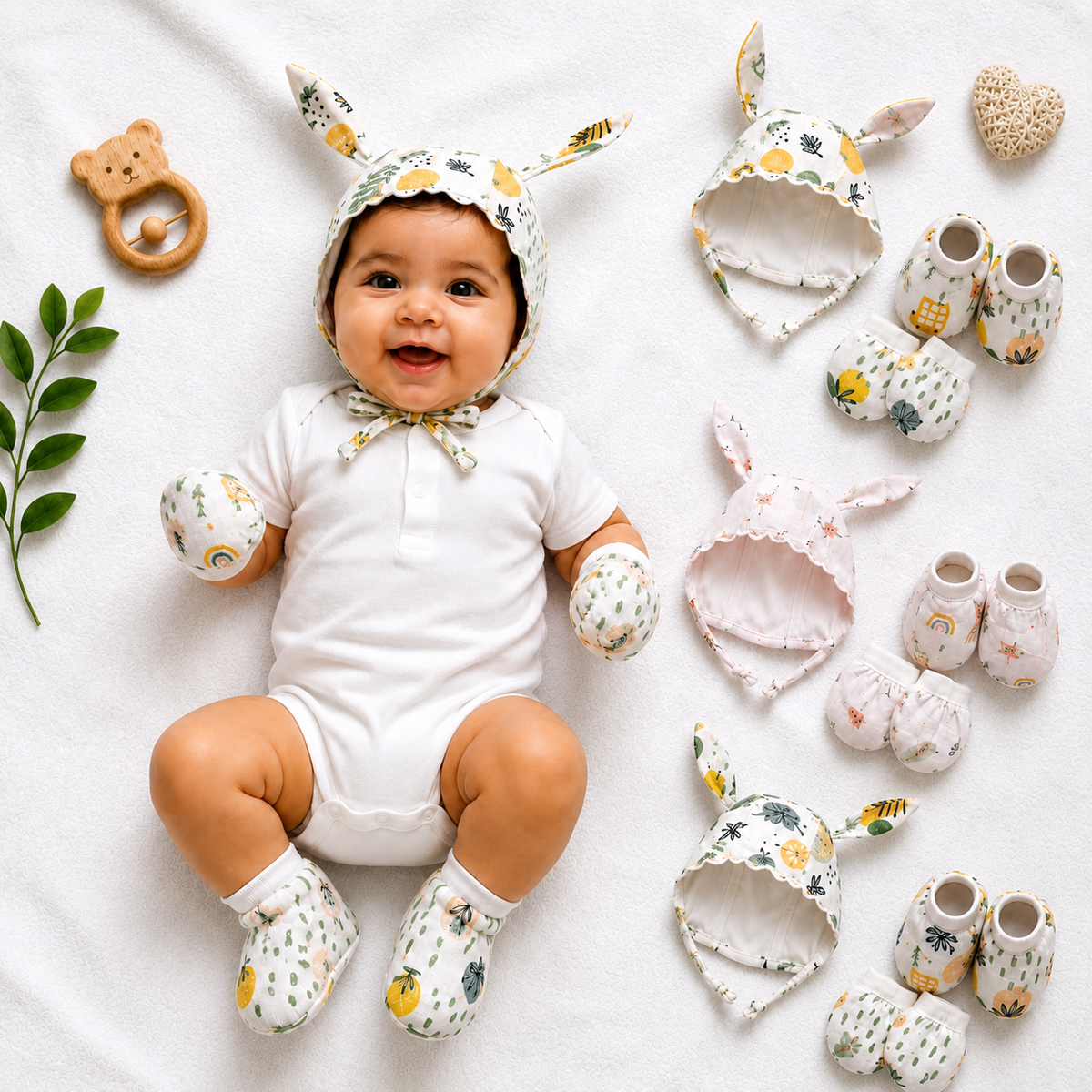 VParents Muslin Baby Mittens Caps Gloves and Booty Combo Set - (set of 2 0-6 Months) | Unisex Booty Set | Durable Cotton Gift Set | Multicoloured Hand Gloves and Socks | -Assorted Deisgn -Winter Clothing -Multicolour