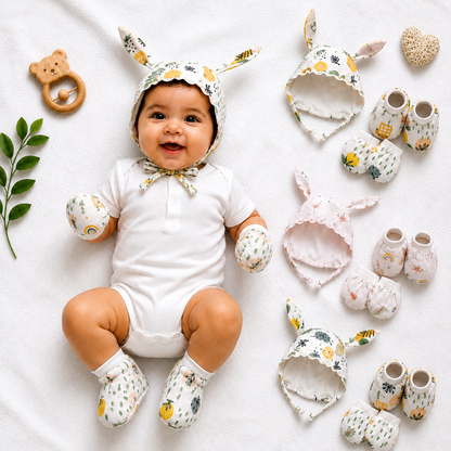 VParents Muslin Baby Mittens Caps Gloves and Booty Combo Set - (set of 2 0-6 Months) | Unisex Booty Set | Durable Cotton Gift Set | Multicoloured Hand Gloves and Socks | -Assorted Deisgn -Winter Clothing -Multicolour
