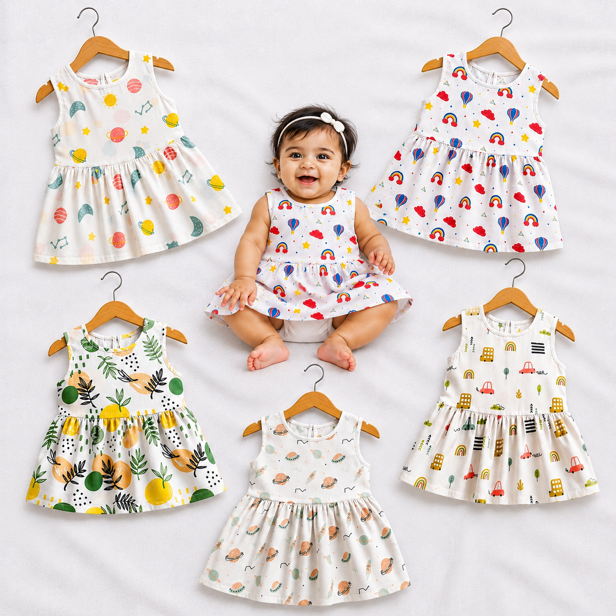 VParents 100% Cotton muslin Cotton Knee-Length Sleeveless Girls Frock 0-6 months