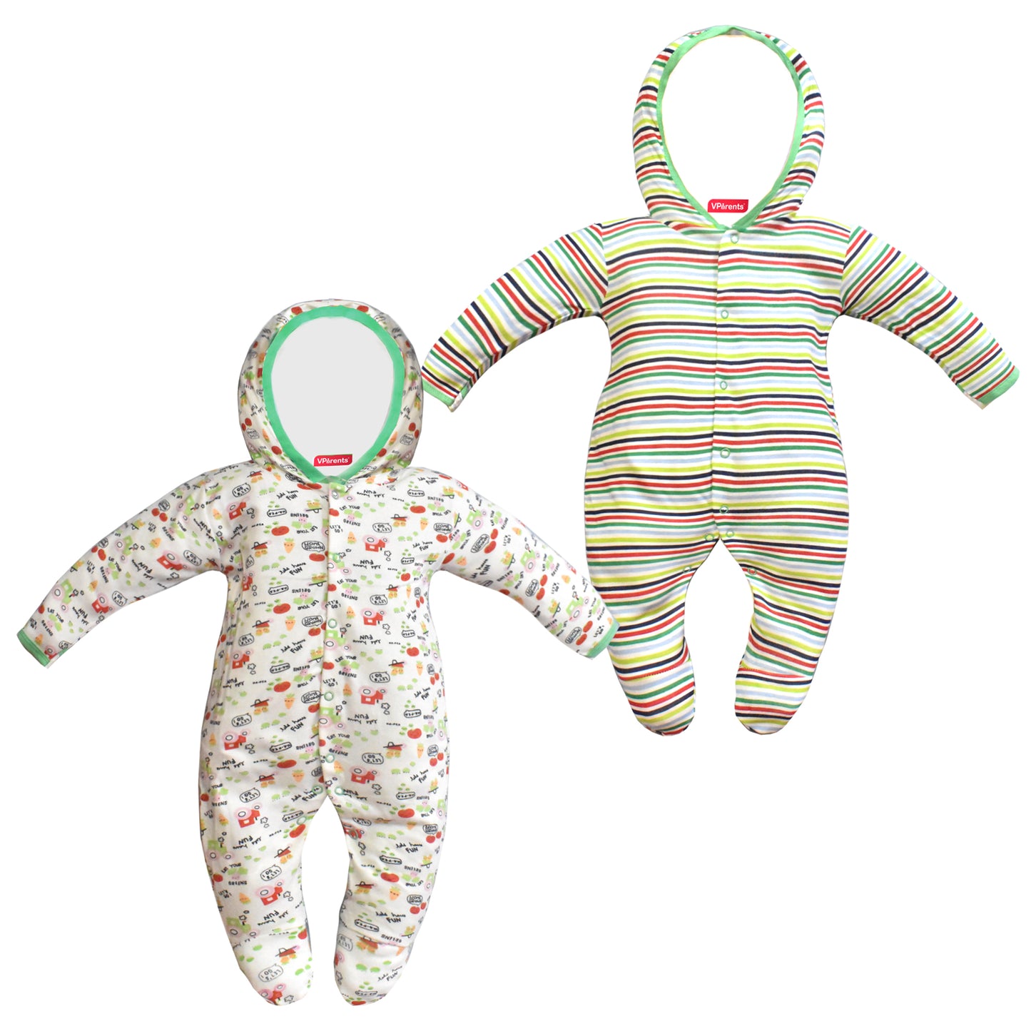 Zoey Green Hooded Full Sleeve Cotton Sleepsuit Rompers for boys & Girls (Pack of 2)
