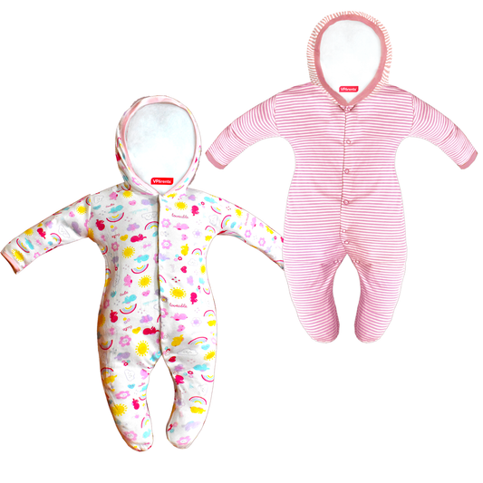 Zoey Light Pink Hooded Full Sleeve Cotton Sleepsuit Rompers for boys & Girls (Pack of 2)