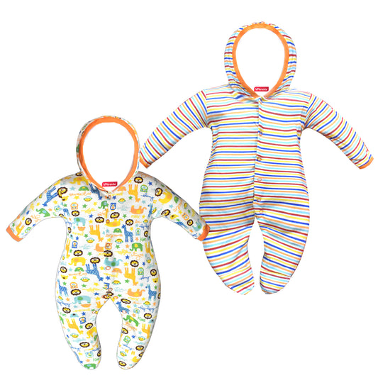 Zoey Orange Hooded Full Sleeve Cotton Sleepsuit Rompers for boys & Girls (Pack of 2)