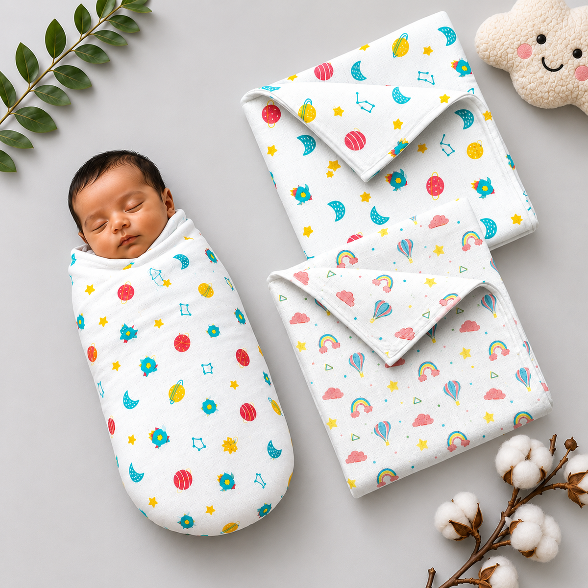 VParents 100% Cotton Muslin Baby Swaddle Set, Printed Muslin Swaddle Wrap for New Born Baby, 95cm x 100cm, 0-18 Month