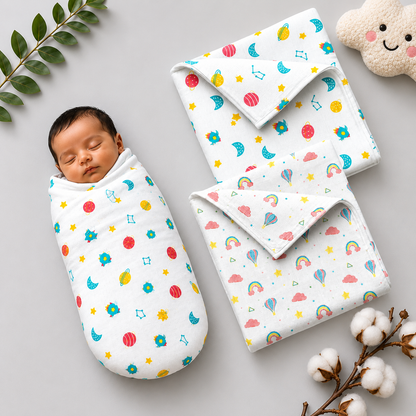 VParents 100% Cotton Muslin Baby Swaddle Set, Printed Muslin Swaddle Wrap for New Born Baby, 95cm x 100cm, 0-18 Month