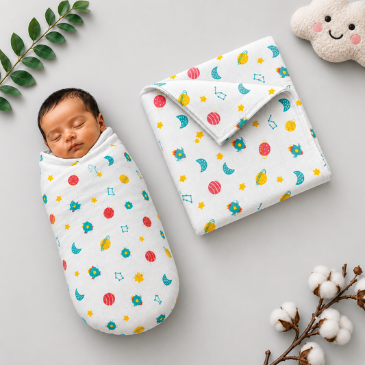 VParents 100% Cotton Muslin Baby Swaddle Set, Printed Muslin Swaddle Wrap for New Born Baby, 95cm x 100cm, 0-18 Month