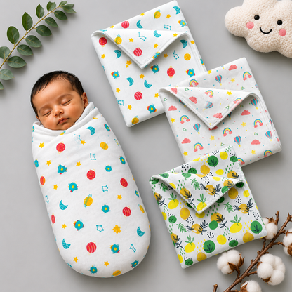 VParents 100% Cotton Muslin Baby Swaddle Set, Printed Muslin Swaddle Wrap for New Born Baby, 95cm x 100cm, 0-18 Month