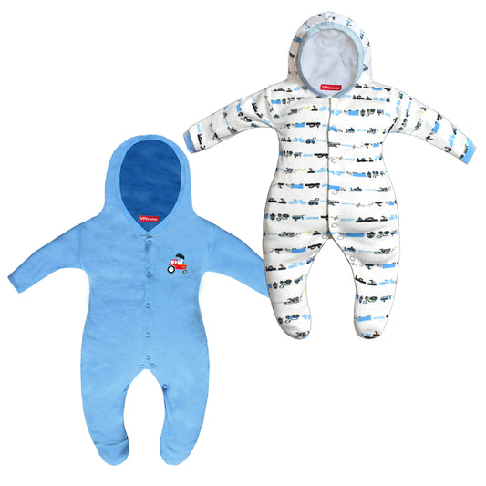 Zoey Blue Hooded Full Sleeve Cotton Sleepsuit Rompers for boys & Girls (Pack of 2)