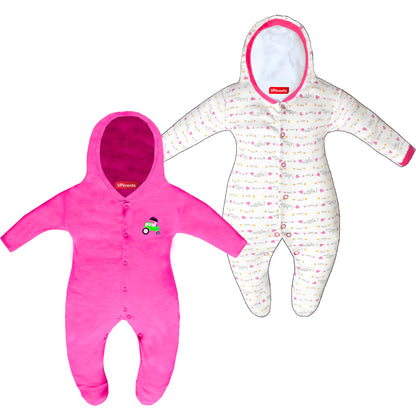 Zoey Dark Pink Hooded Full Sleeve Cotton Sleepsuit Rompers for boys & Girls (Pack of 2)