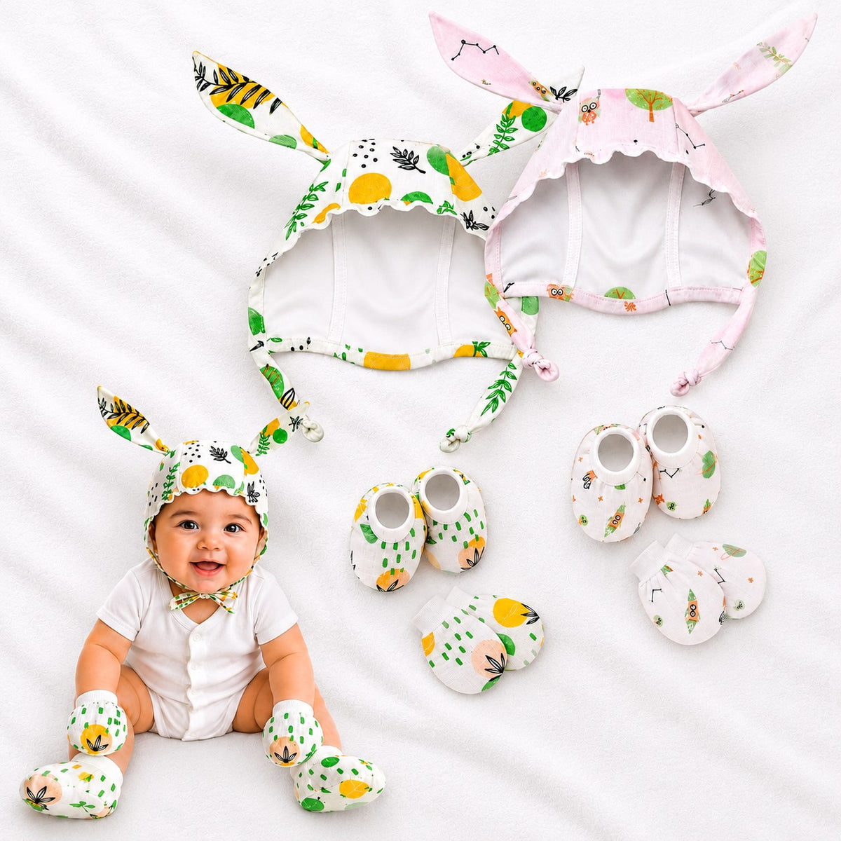 VParents Muslin Baby Mittens Caps Gloves and Booty Combo Set - (set of 2 0-6 Months) | Unisex Booty Set | Durable Cotton Gift Set | Multicoloured Hand Gloves and Socks | -Assorted Deisgn -Winter Clothing -Multicolour