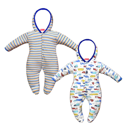 Zoey Royal Blue Hooded Full Sleeve Cotton Sleepsuit Rompers for boys & Girls (Pack of 2)