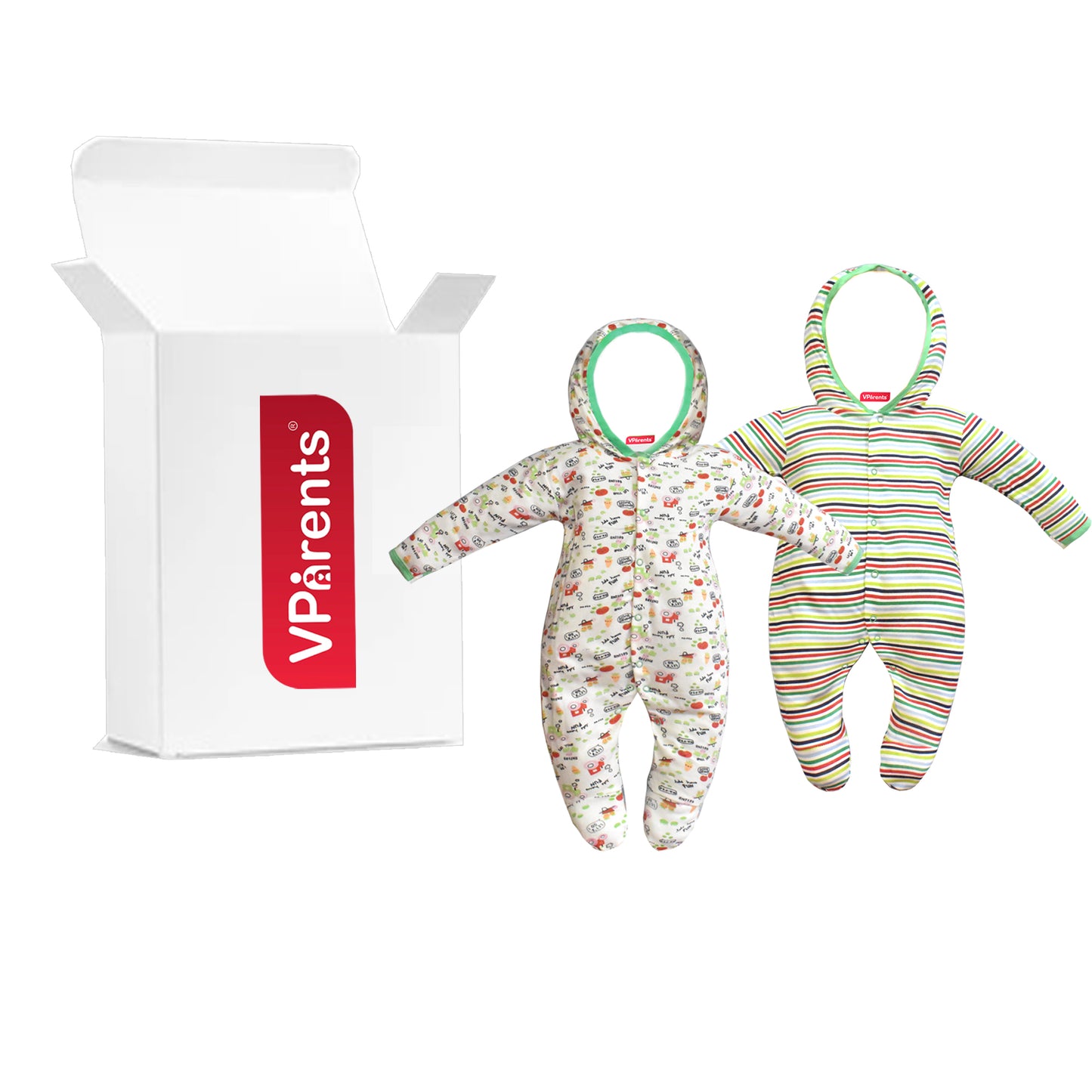 Zoey Green Hooded Full Sleeve Cotton Sleepsuit Rompers for boys & Girls (Pack of 2)