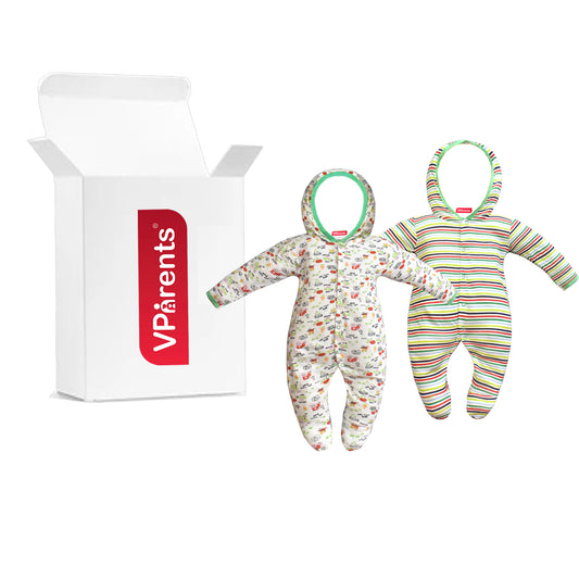 Zoey Green Hooded Full Sleeve Cotton Sleepsuit Rompers for boys & Girls (Pack of 2)