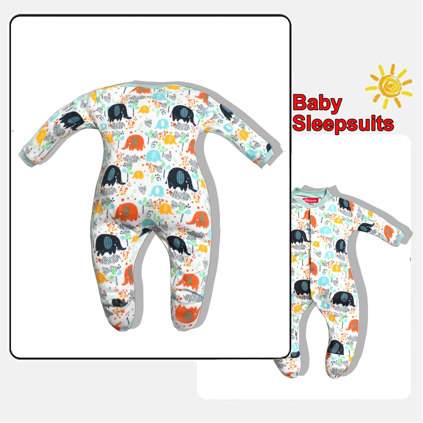 Full Length Printed Baby Footies Sleepsuit Romper Pack of 3-(Green)
