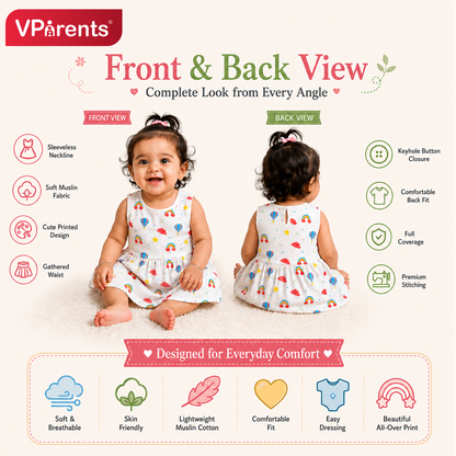 VParents 100% Cotton muslin Cotton Knee-Length Sleeveless Girls Frock 0-6 months