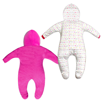 Zoey Dark Pink Hooded Full Sleeve Cotton Sleepsuit Rompers for boys & Girls (Pack of 2)